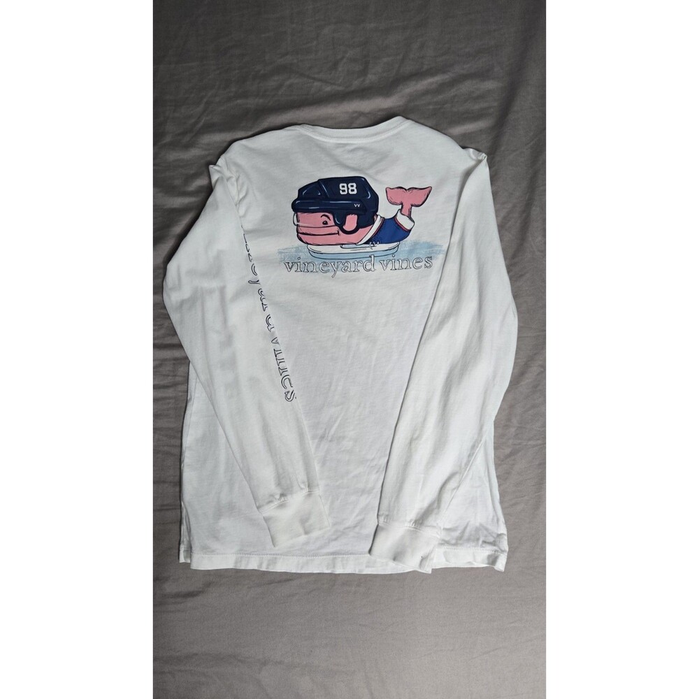 Vineyard Vines Boy’s M White Long Sleeve Pocket Tee Whale Hockey Graphic
